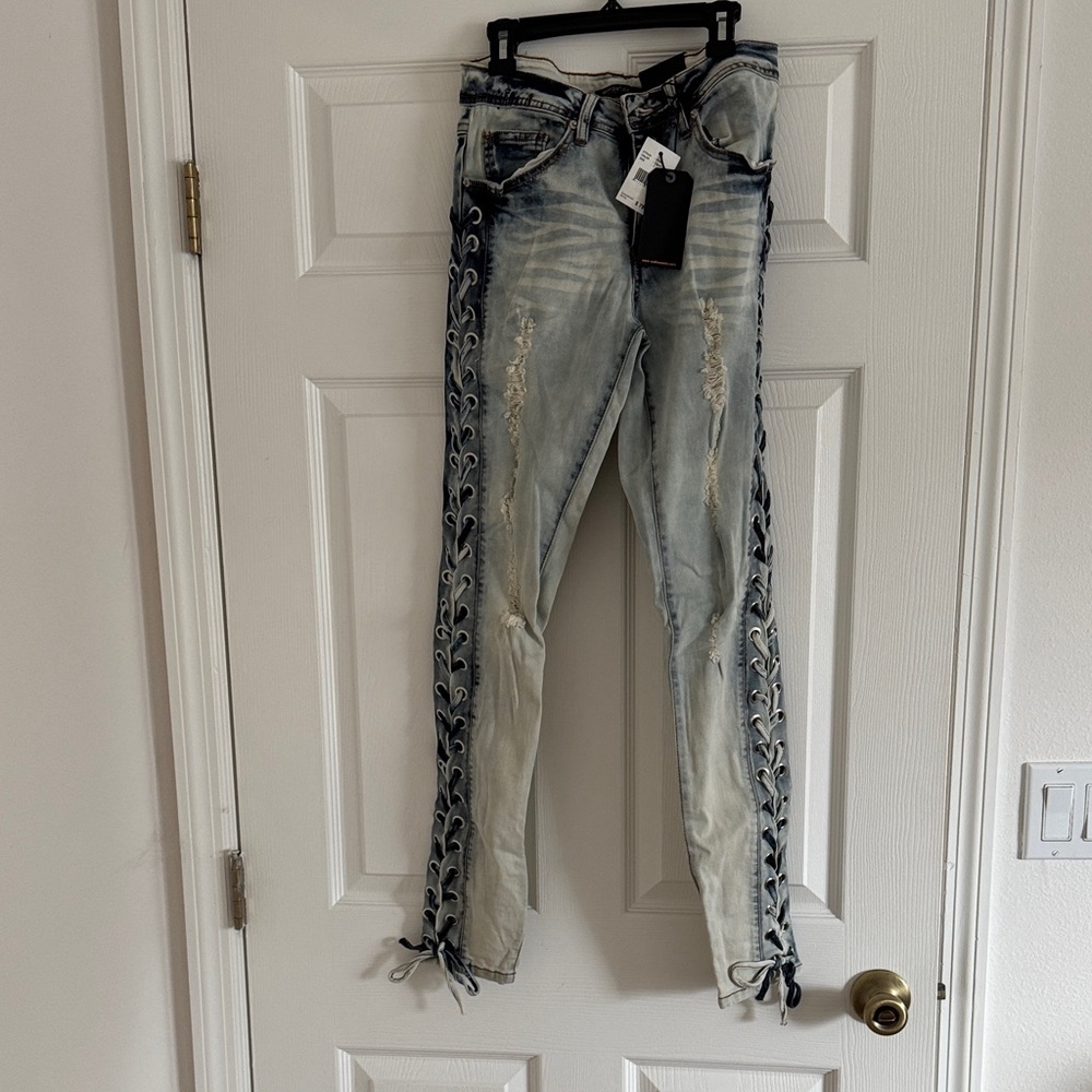 Chic Lace-Up Blue Washed Women Jeans